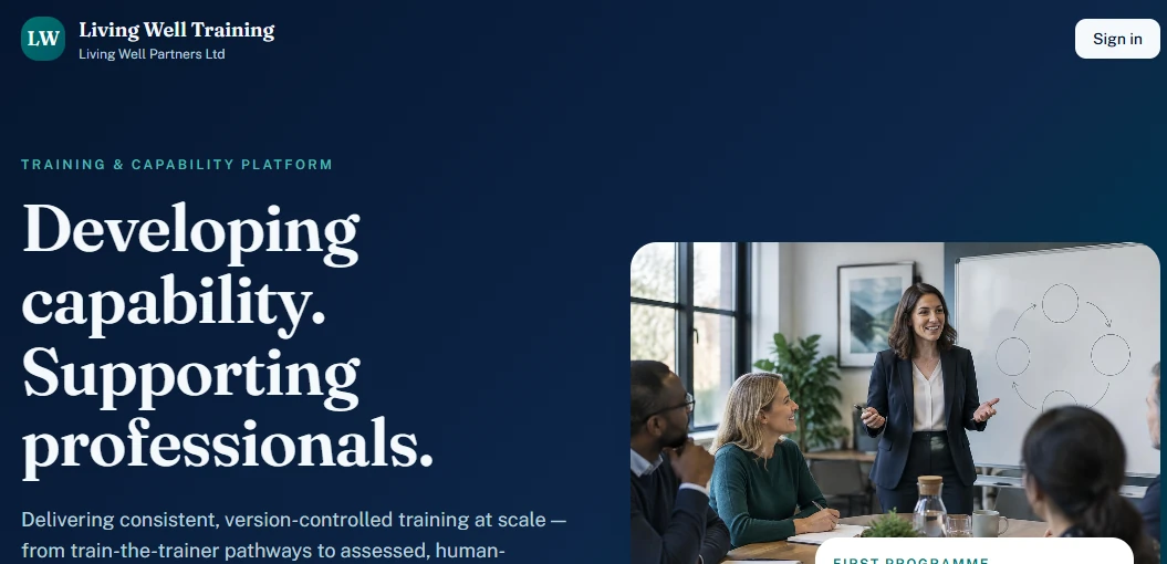 The Living Well Training home screen in deep navy, headed 'Training & Capability Platform — Developing capability. Supporting professionals.', beside a photograph of a trainer leading a small group session
