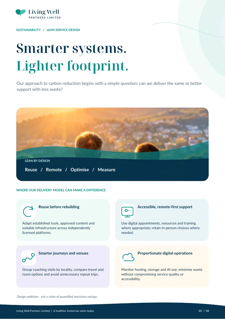Cover of the Carbon Reduction and Lean Service Delivery leaflet, headed 'Smarter systems. Lighter footprint.'