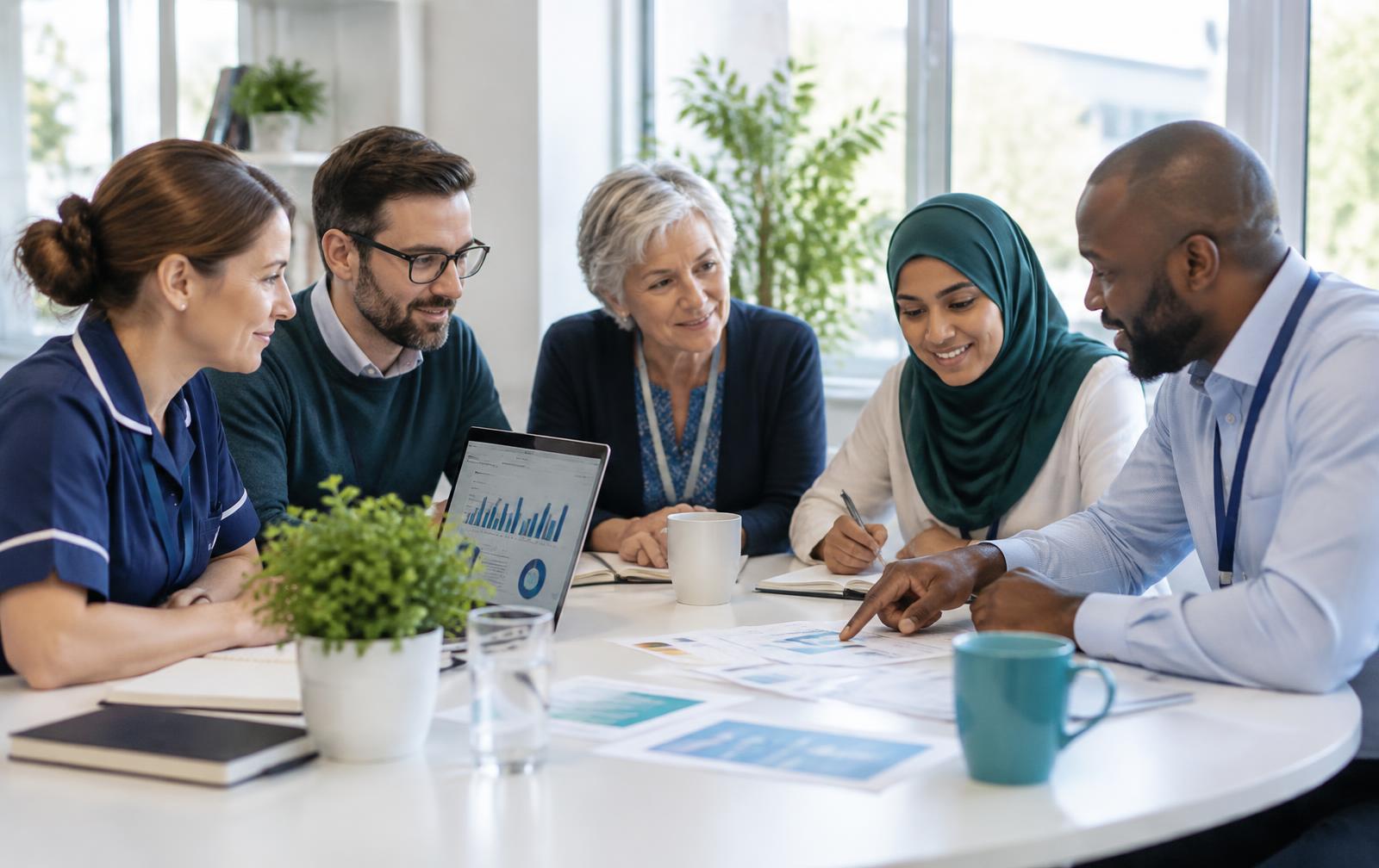 A diverse multidisciplinary team of health, education and research professionals collaborating around a meeting table