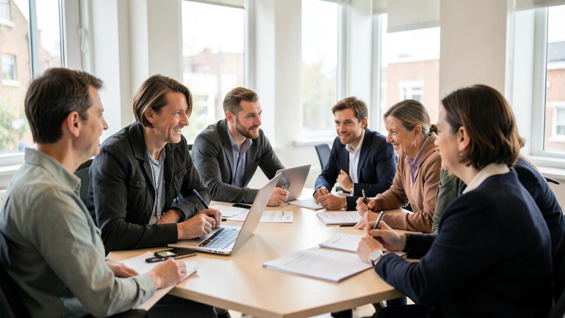 A diverse group of professionals collaborating around a meeting table